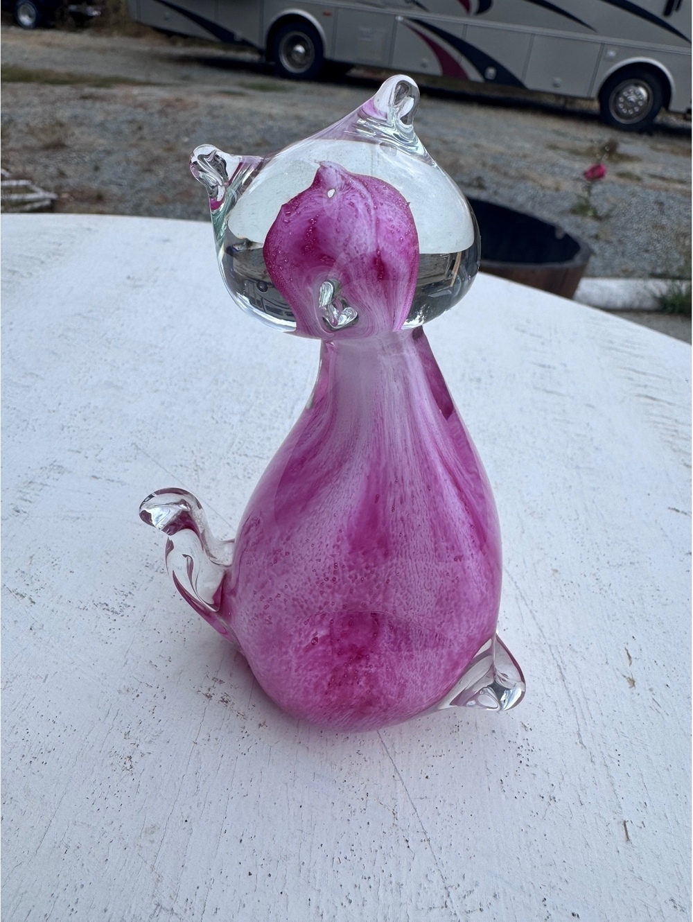 Pink Clear Art Glass Cat Figurine Hand Blown Style 6” Decorative Sculpture